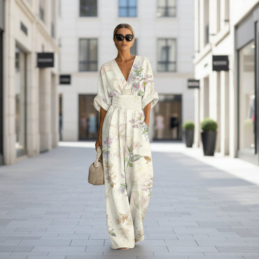Women's Waist-Cinched V-Neck Printed Wide-Leg Jumpsuit