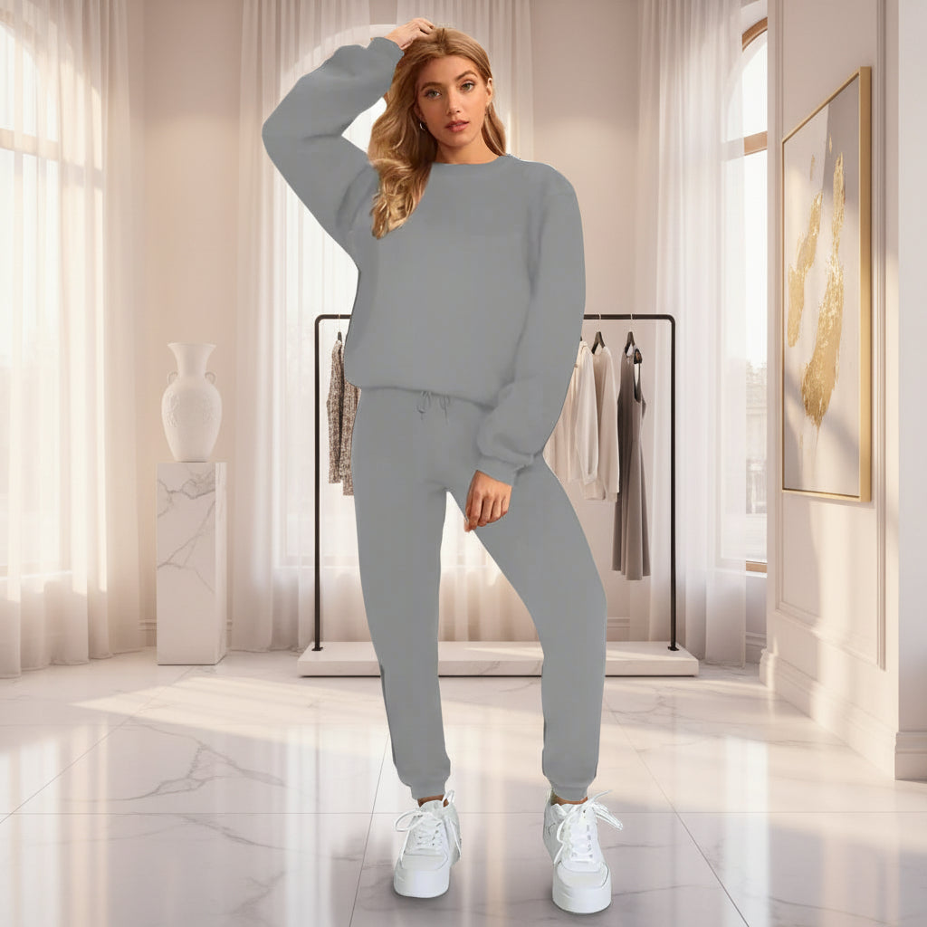 👚 Women's Solid Color Round Neck Pullover Sweatshirt & Pants Set FitiqueFit