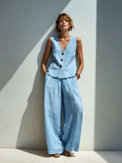 Linen Blend V-Neck Buttoned Vest & High-Waist Wide-Leg Pants Set