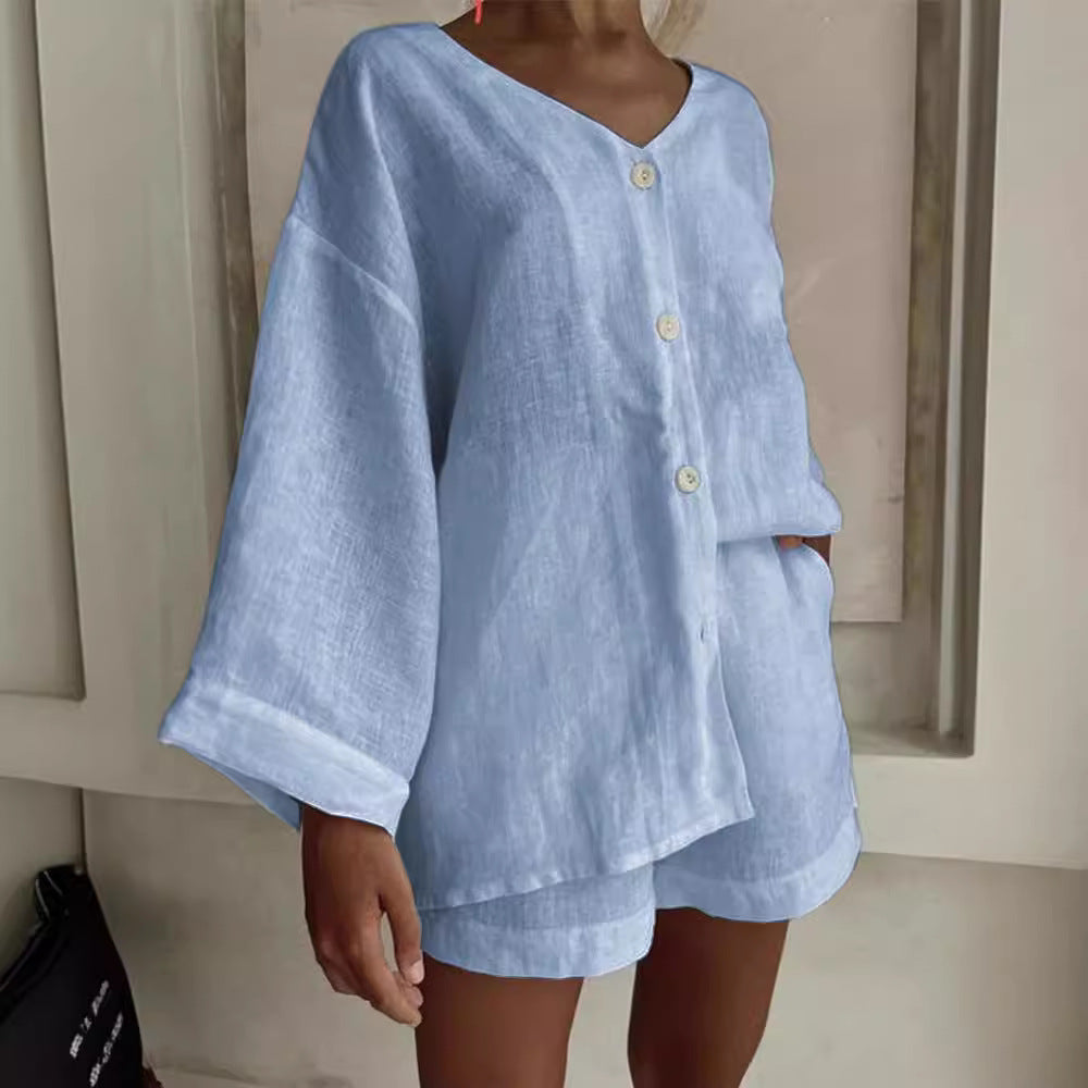 Women's Cotton Linen Shirt & Shorts Set
