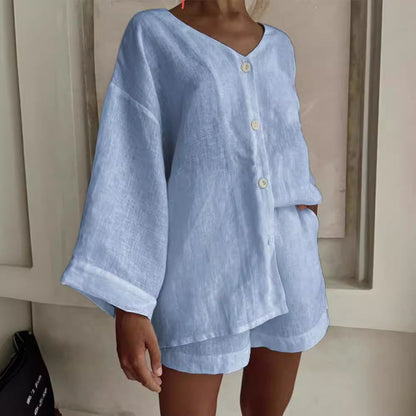 Women's Cotton Linen Shirt & Shorts Set