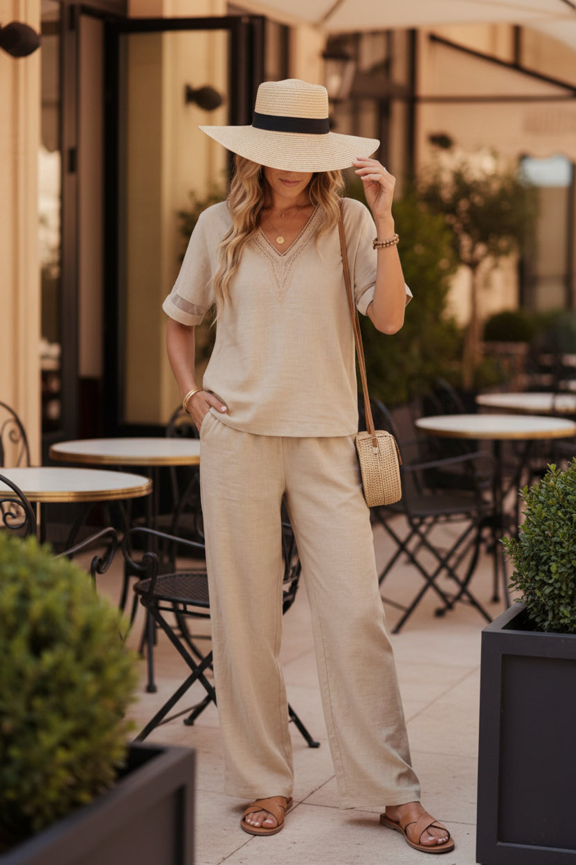 Women's Embroidered V-Neck Top & Wide-Leg Pants Set