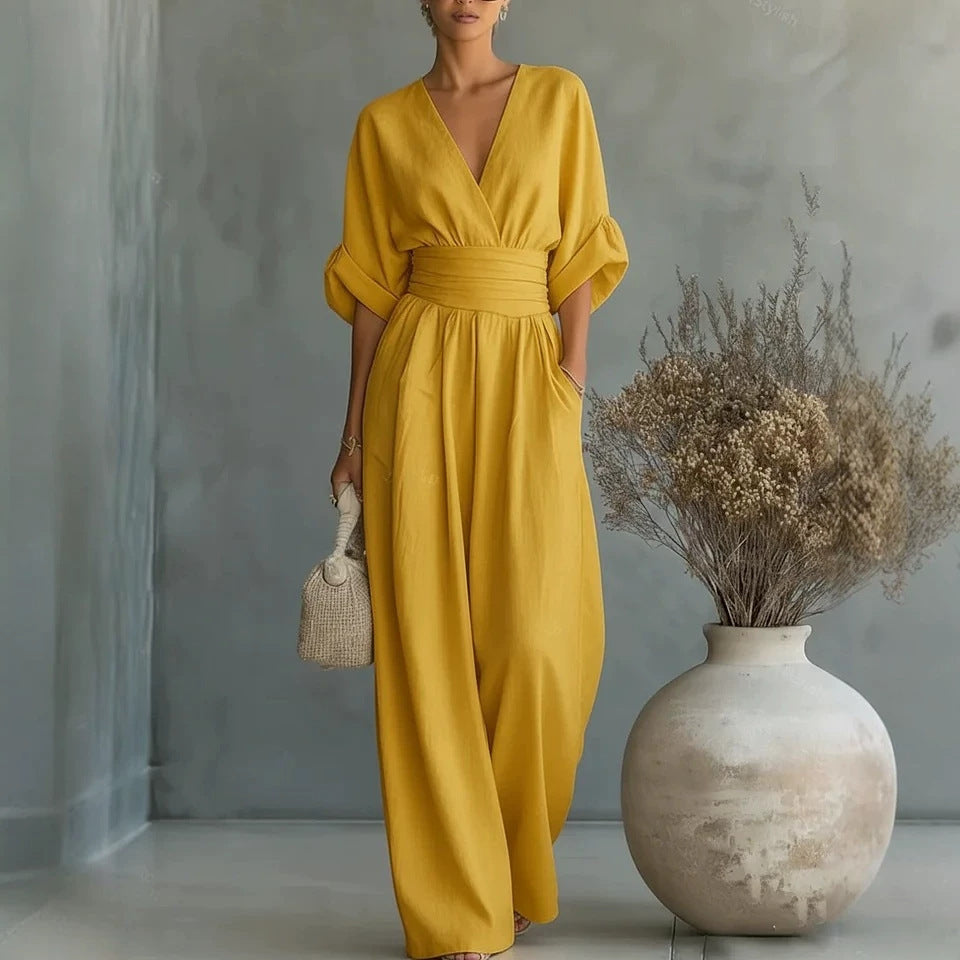 Summer Short-sleeved Jumpsuit Fashion Casual V-Neck Wide-Leg Pants Womens Clothing 