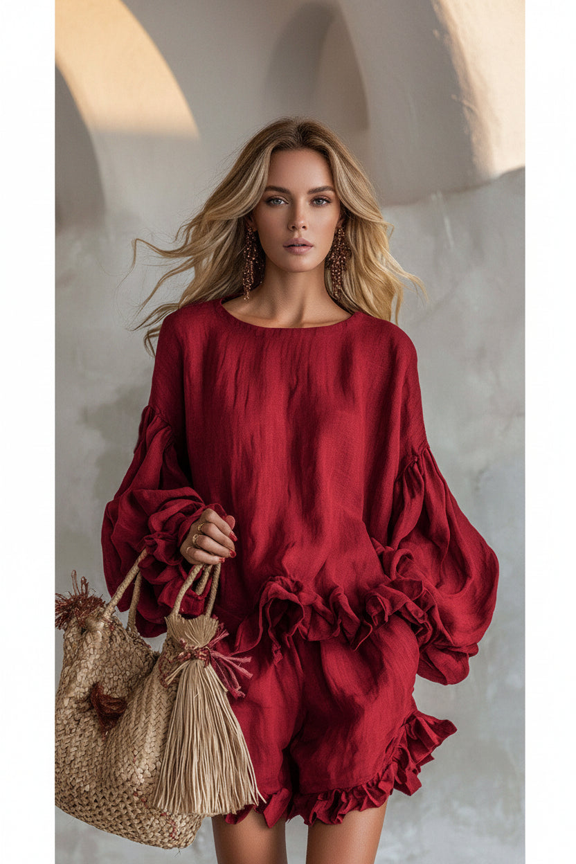 Loose-fitting Lantern-Sleeve Top And Shorts Two-Piece Set For Women 