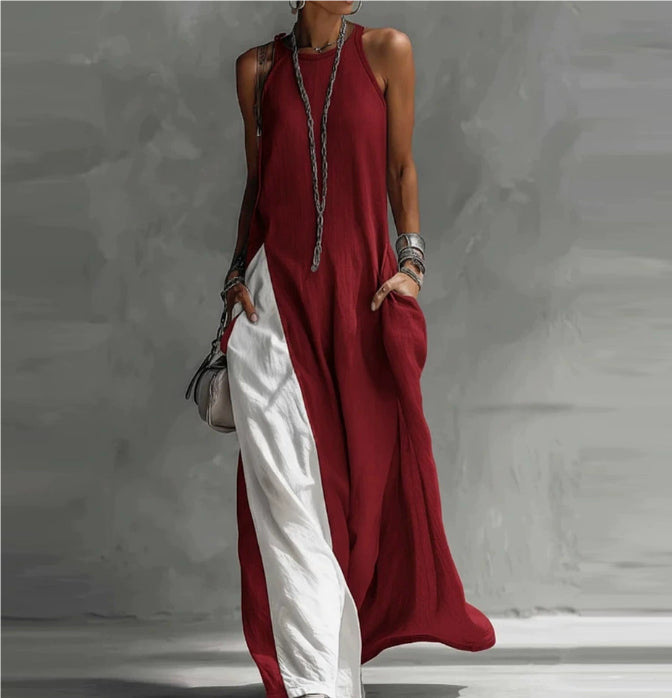 Off-Shoulder Color-Block Flared Maxi Dress with Pockets | 5 Colors