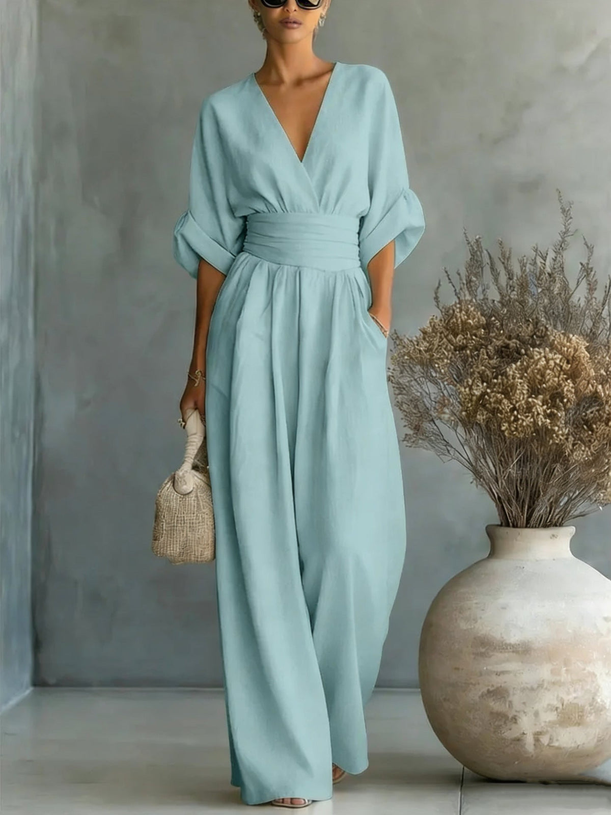 Summer Short-sleeved Jumpsuit Fashion Casual V-Neck Wide-Leg Pants Womens Clothing 