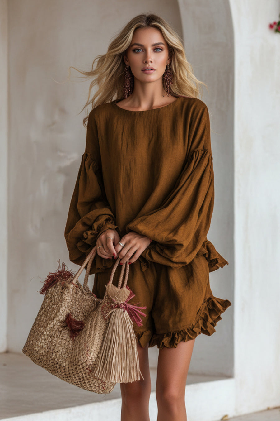 Loose-fitting Lantern-Sleeve Top And Shorts Two-Piece Set For Women 