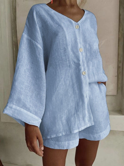 Women's Cotton Linen Shirt & Shorts Set