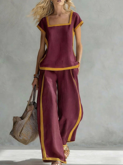 Square-Neck Three-Quarter Sleeve Loose Top & Pants Two-Piece Set
