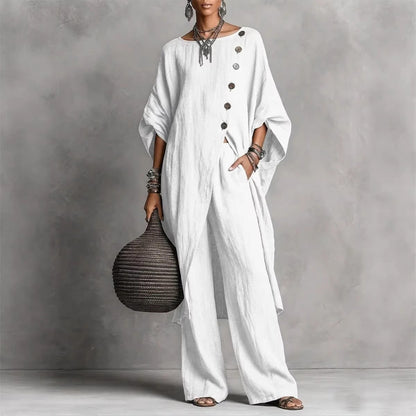 Women's Drop Shoulder Three-Quarter Sleeve Irregular Shirt & Pants Set