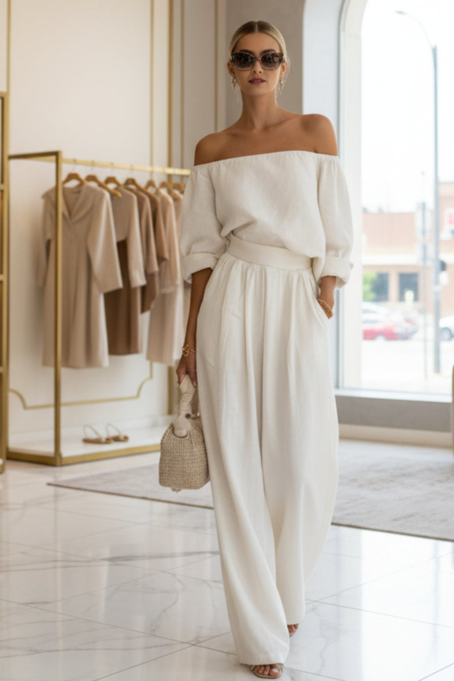 Casual Two-Piece Womens Outfit Off-Shoulder Top And Wide-Leg Pants Set 