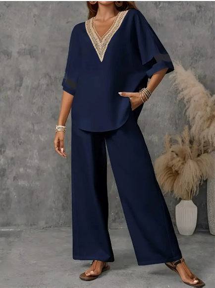 Women's Embroidered V-Neck Top & Wide-Leg Pants Set