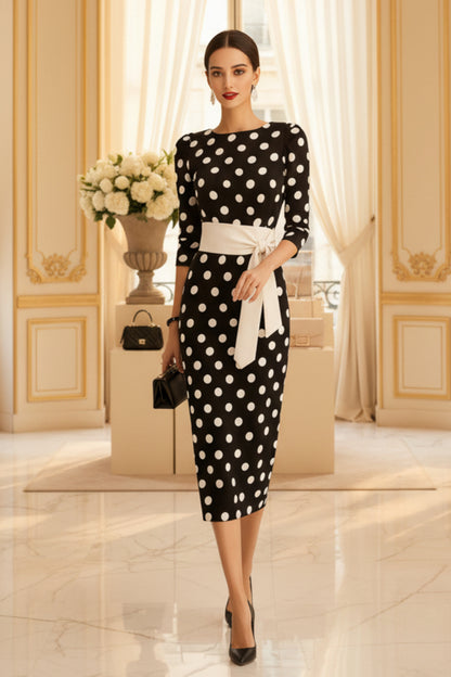 Retro Polka-dot Navy Blue Belted Waist-hugging Elegant Dress 