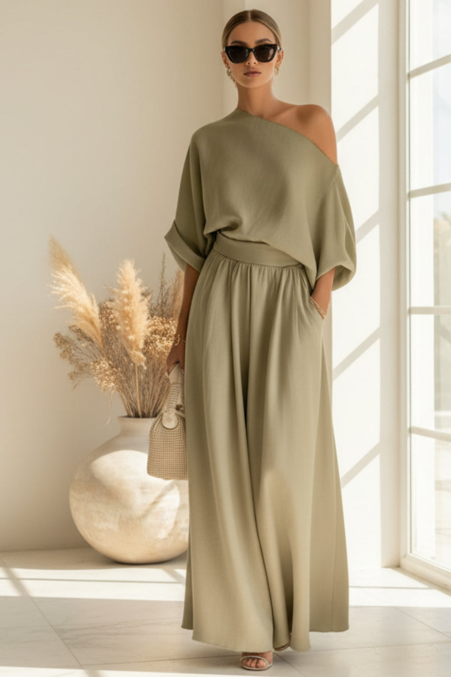 Cropped Off-shoulder Top And Pants Two-piece Set 