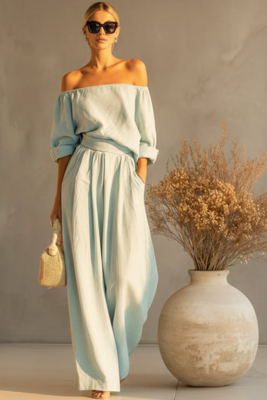 Casual Two-Piece Womens Outfit Off-Shoulder Top And Wide-Leg Pants Set 