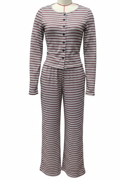 Women's Stripe Fitted Button-Front Crop Top & Drawstring Wide-Leg Pants Set