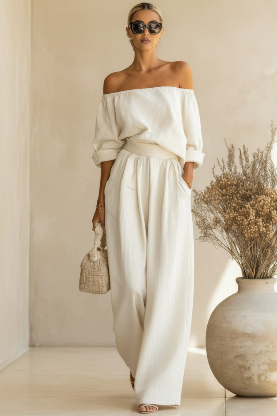 Casual Two-Piece Womens Outfit Off-Shoulder Top And Wide-Leg Pants Set 