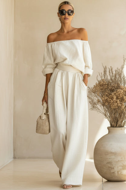 Casual Two-Piece Womens Outfit Off-Shoulder Top And Wide-Leg Pants Set 