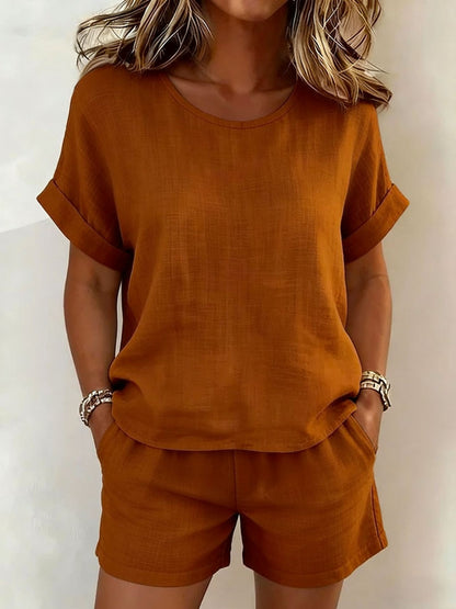 Solid-Color T-Shirt & Shorts Set – Cotton Linen, 10 Colors