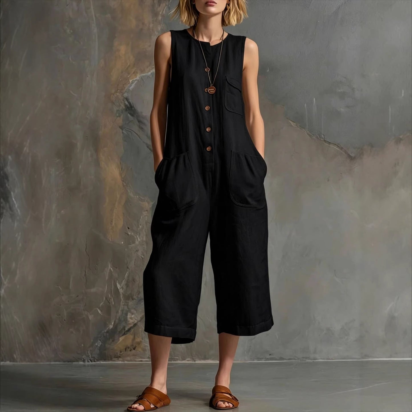 Women's Retro Sleeveless Wide-Leg Cropped Jumpsuit