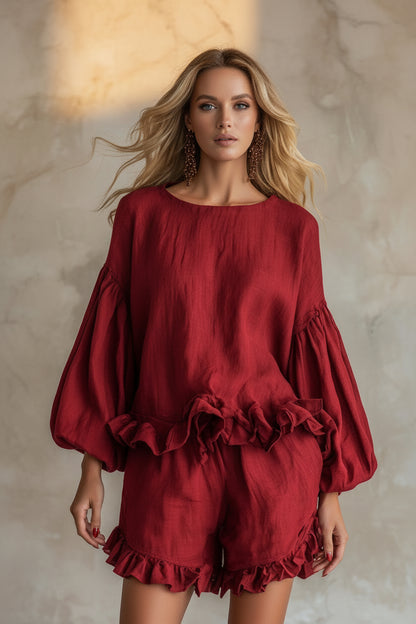 Loose-fitting Lantern-Sleeve Top And Shorts Two-Piece Set For Women 