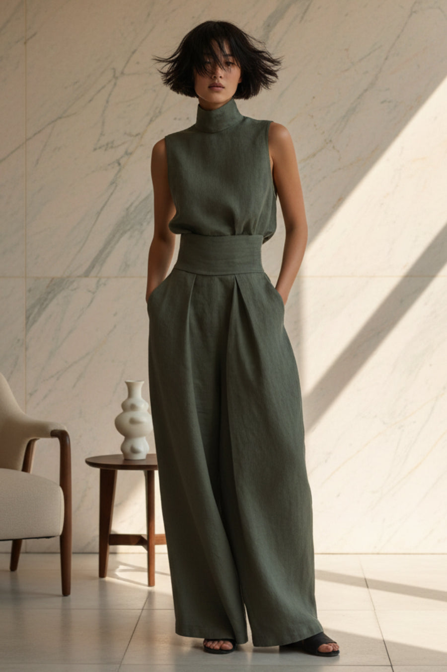 Womens Cotton-Linen Blend Sleeveless Top And Wide-Leg Pants Set 
