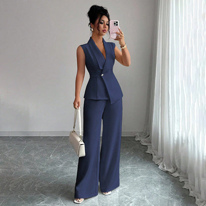 Women's Sleeveless Blazer & Straight-Leg Pants Two-Piece Set