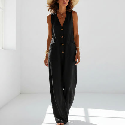 Simple And Comfortable Cotton-Linen Sleeveless Wide-Leg Jumpsuit With Button Pockets 