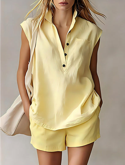 Women's Casual Sleeveless Cardigan Top & Shorts Set