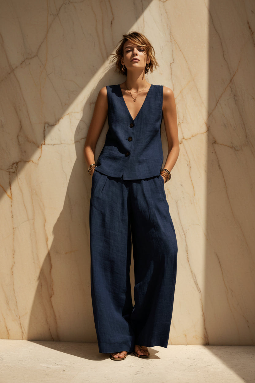 Linen Blend V-Neck Buttoned Vest & High-Waist Wide-Leg Pants Set