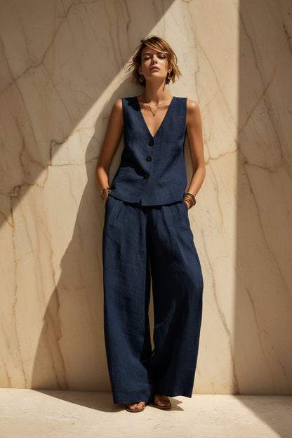 Linen Blend V-Neck Buttoned Vest & High-Waist Wide-Leg Pants Set