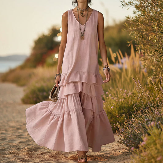 Solid-color Womens Loose-fitting Full-skirted Sleeveless Dress 